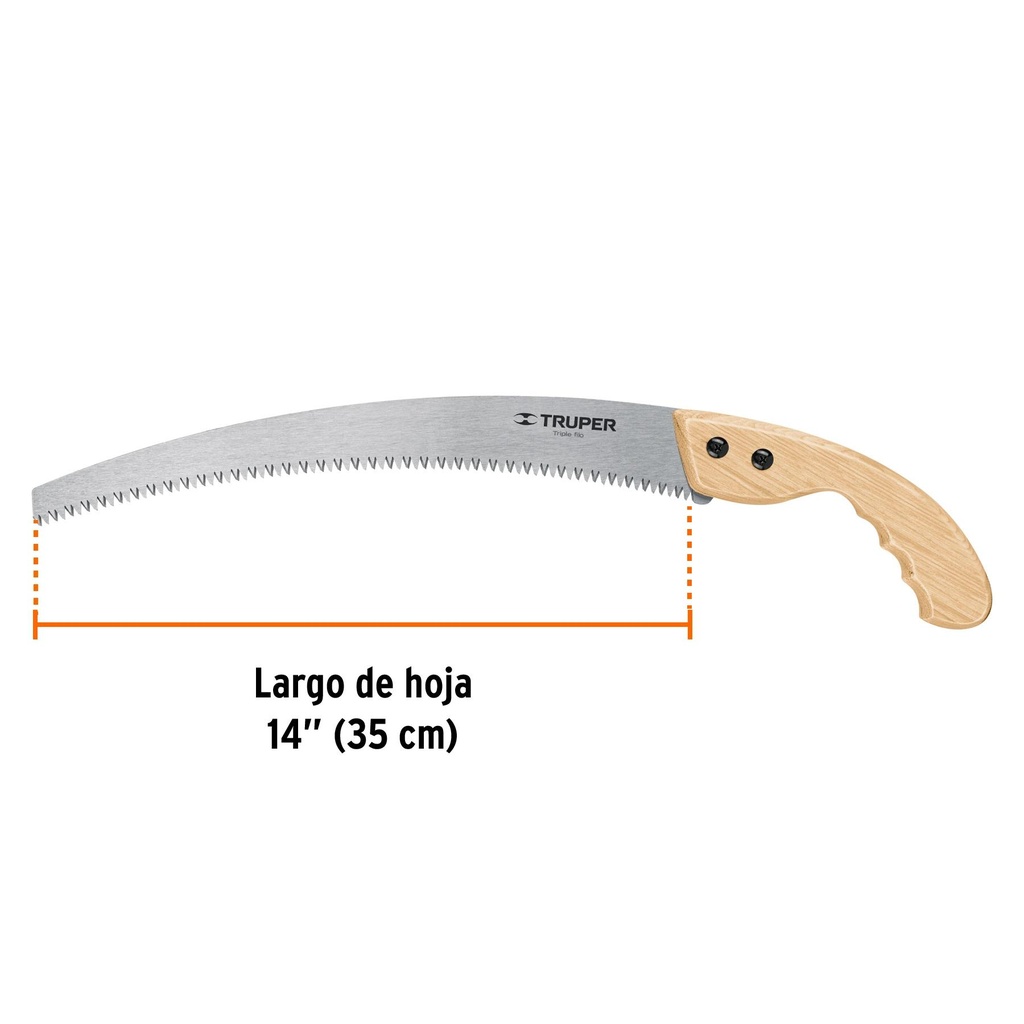 Serrucho de poda 14' hoja curva 6 DPP, mango madera, Truper