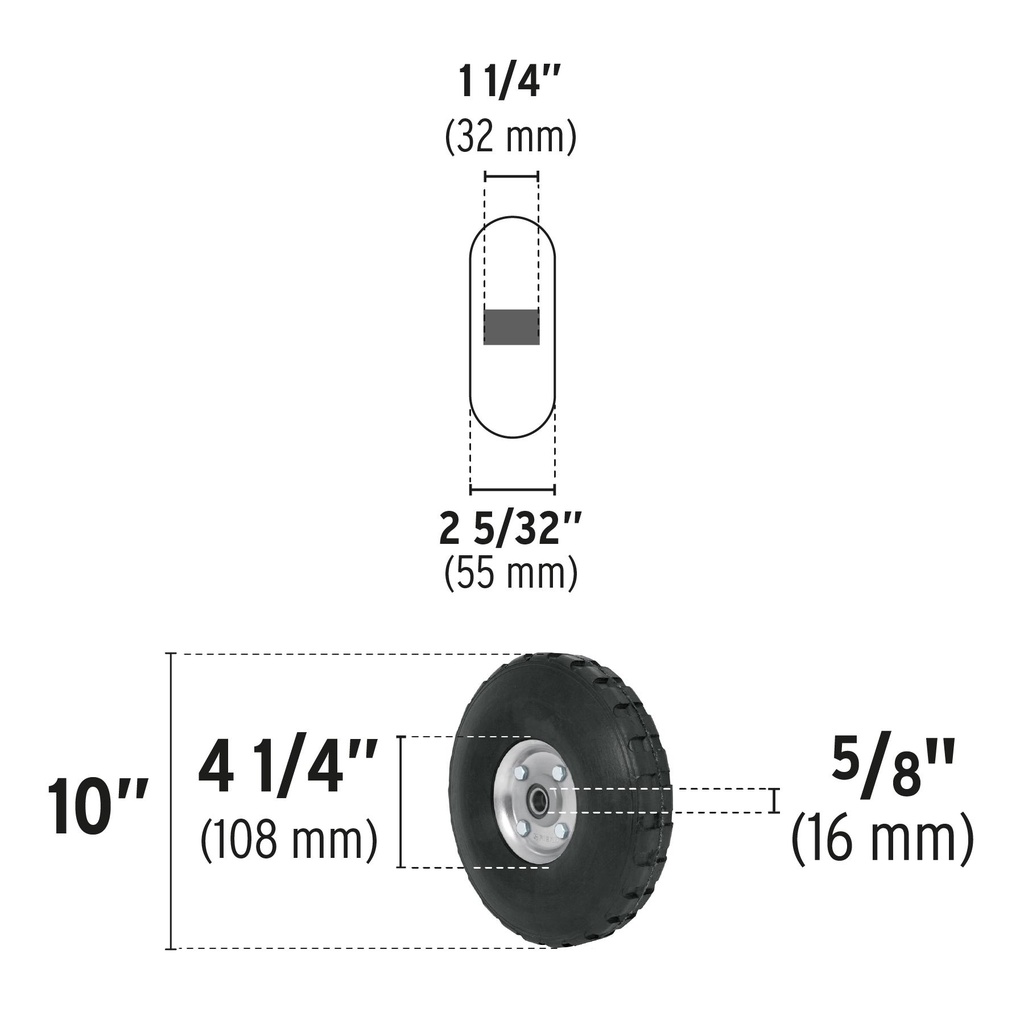 Rueda de hule sólido 10' para diablo, doble balero, Pretul