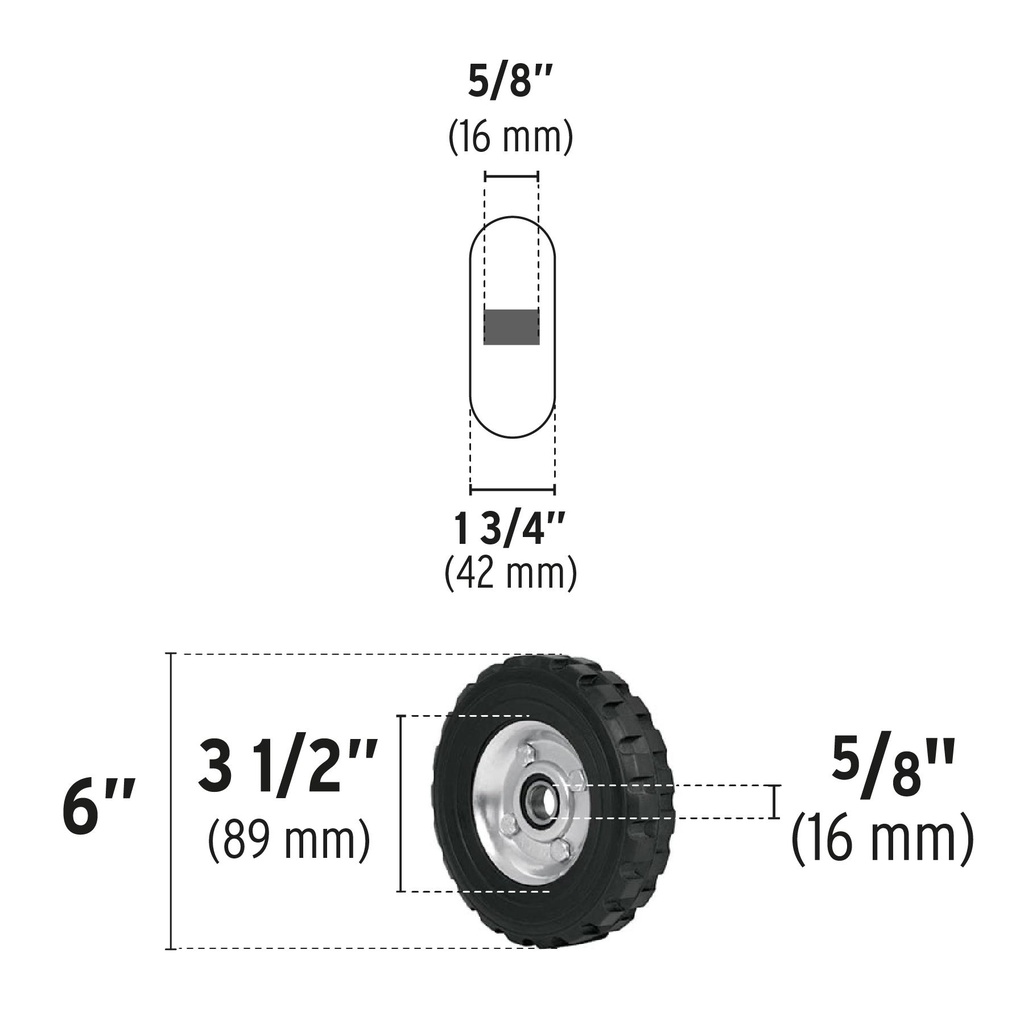 Rueda de hule sólido 6' para diablo, un balero, Pretul