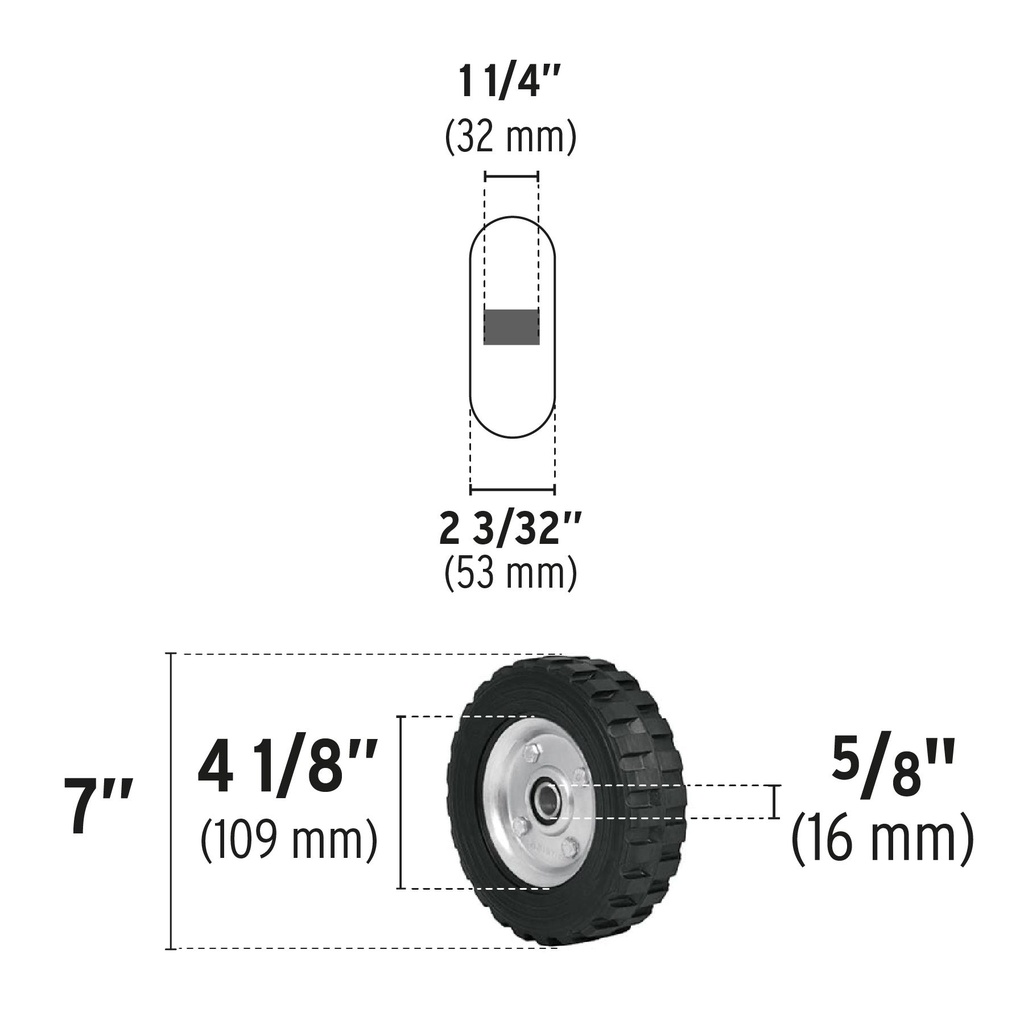 Rueda de hule sólido 7' para diablo, doble balero, Pretul