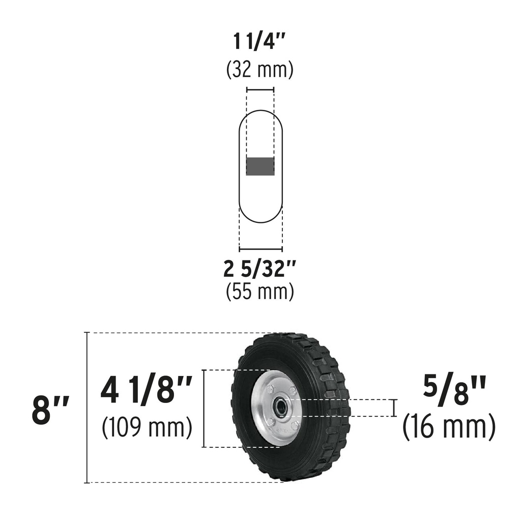 Rueda de hule sólido 8' para diablo, doble balero, Pretul