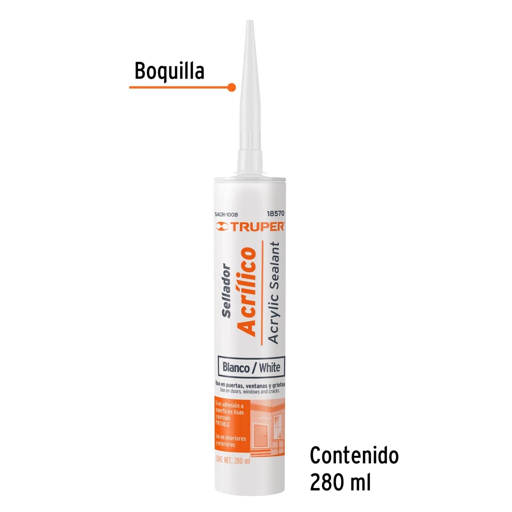 Sellador acrilico de 280 ml, blanco, Truper