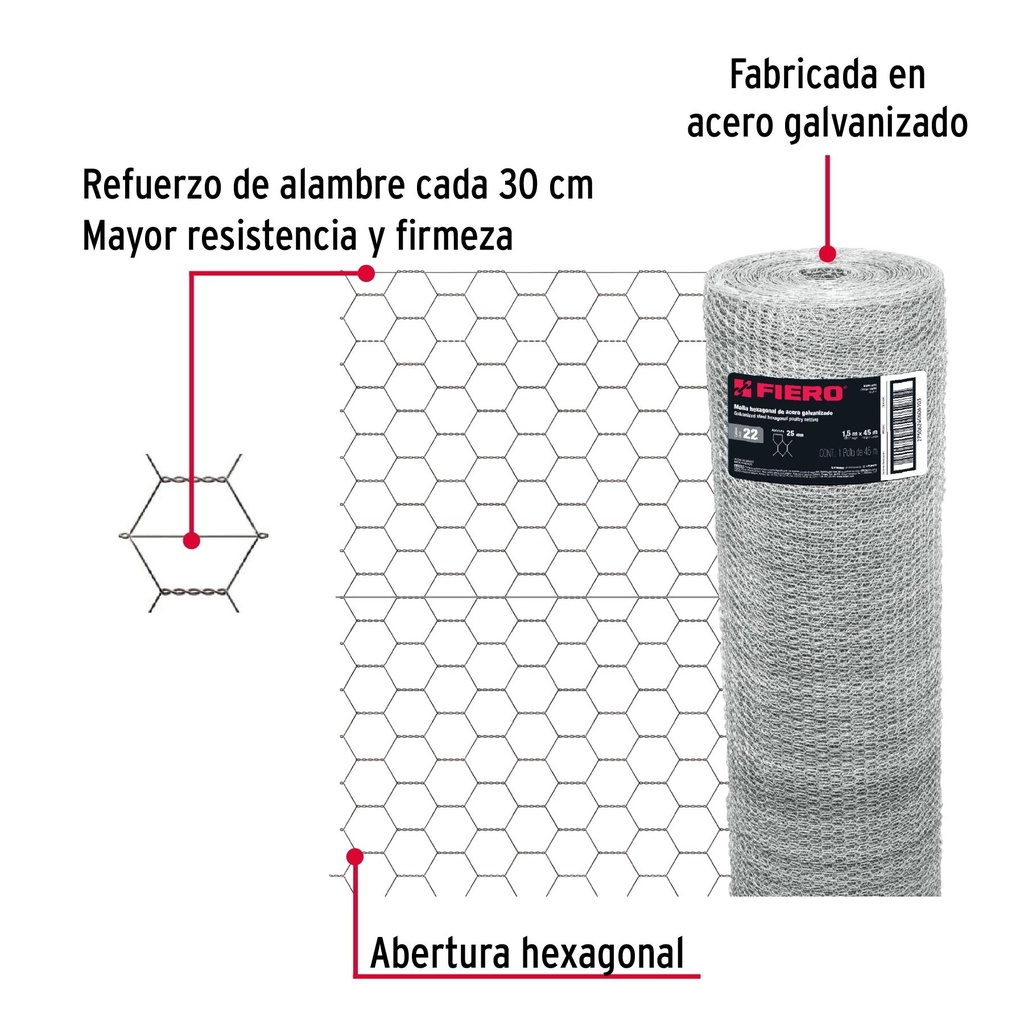 Rollo de malla hexagonal 45m x 1.5m calibre 22 abertura 25mm