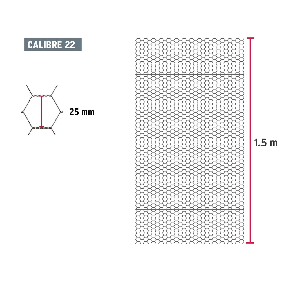 Rollo de malla hexagonal 45m x 1.5m calibre 22 abertura 25mm