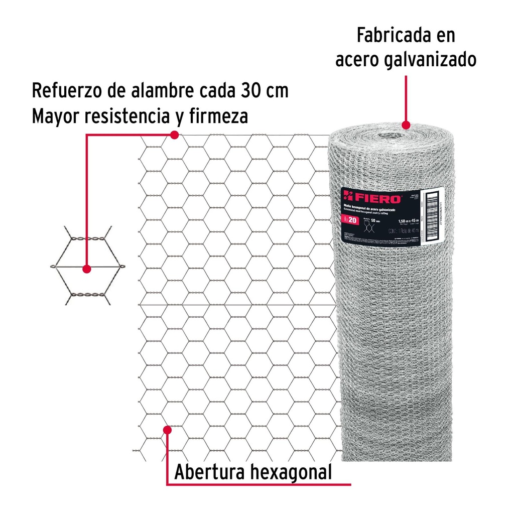 Rollo de malla hexagonal 45mx1.5m calibre 20 abertura 50mm