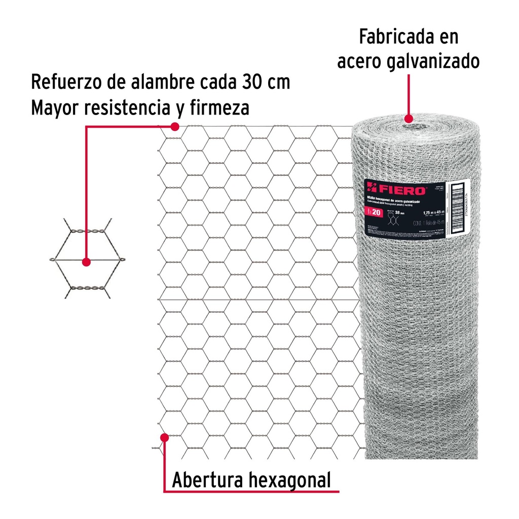 Rollo de malla hexagonal 45mx1.75 m calibre 20 abertura 38mm