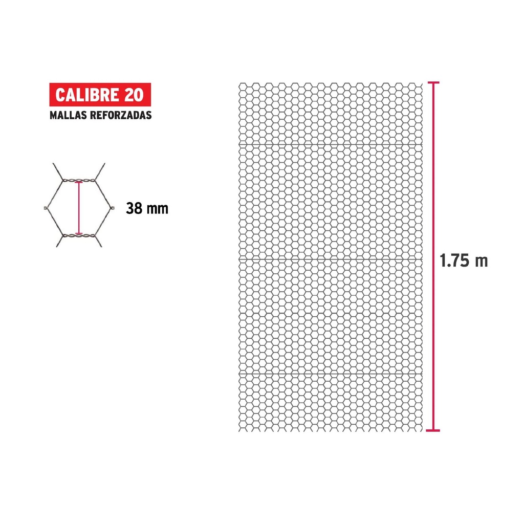 Rollo de malla hexagonal 45mx1.75 m calibre 20 abertura 38mm