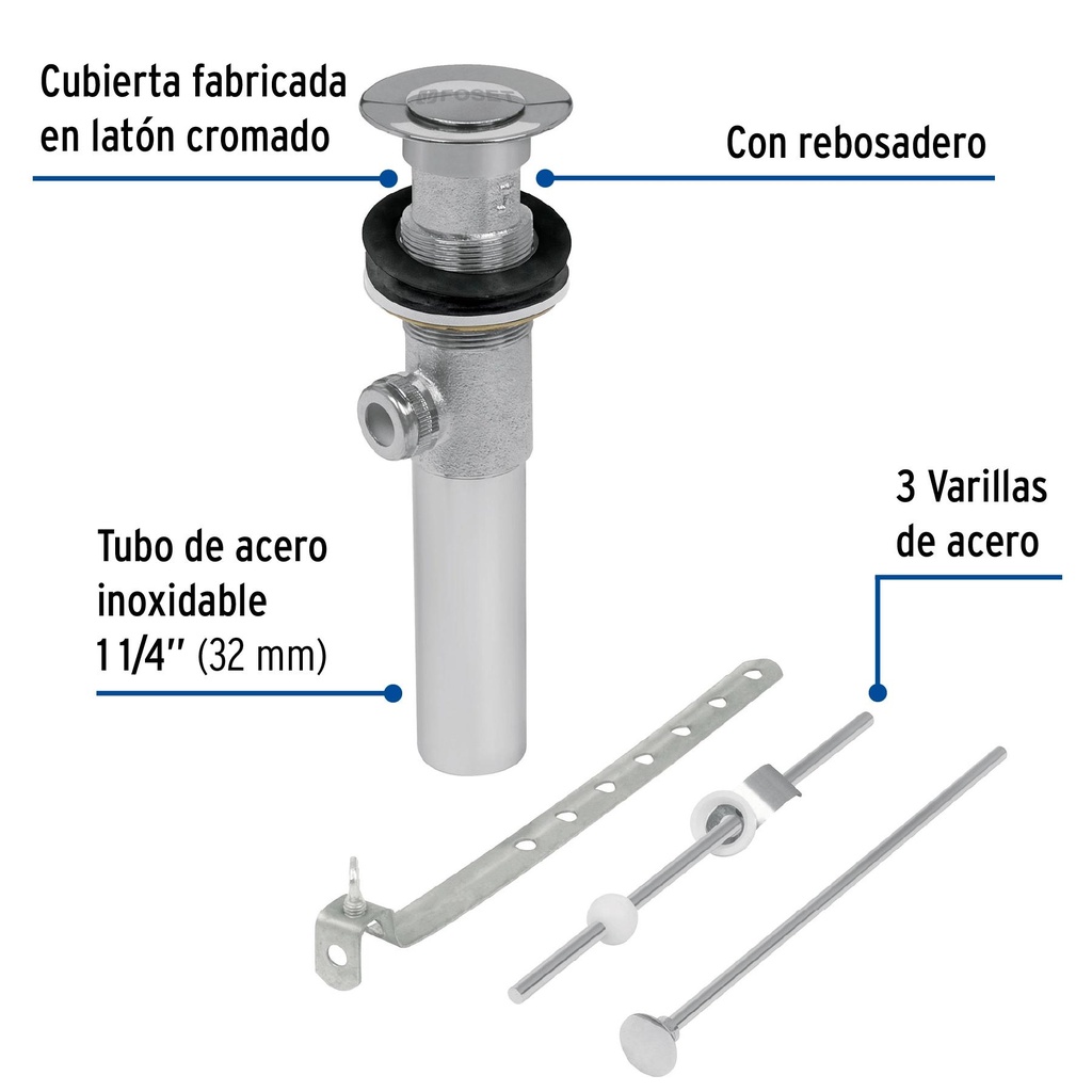 Contra p/lavabo c/rebosadero y sist automático, cromo, 1-1/4