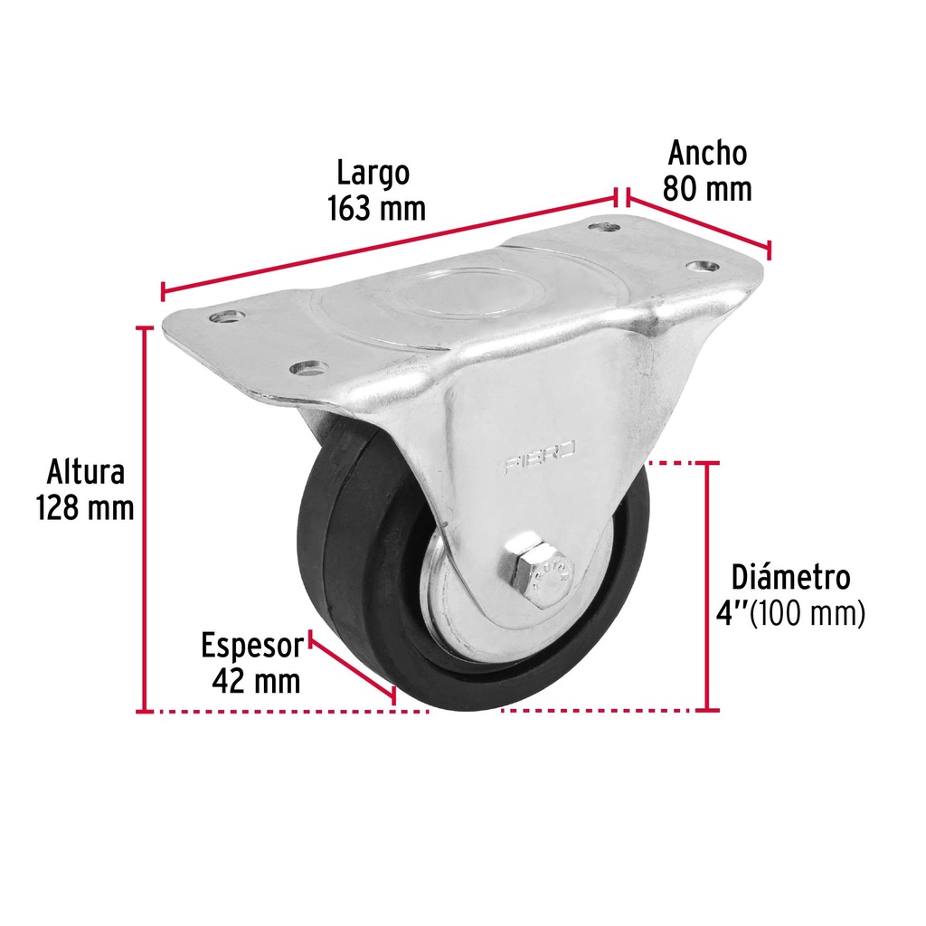 Rodaja hule 4', placa fija con balero, carga 100 kg, Fiero