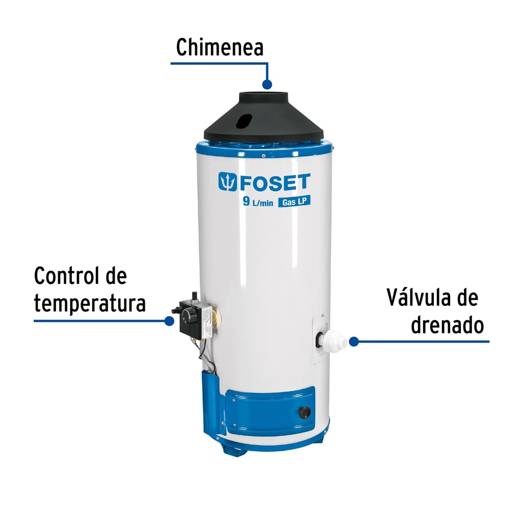 Calentador de paso 9L 2 servicios gas L.P. piezo eléct. Fose