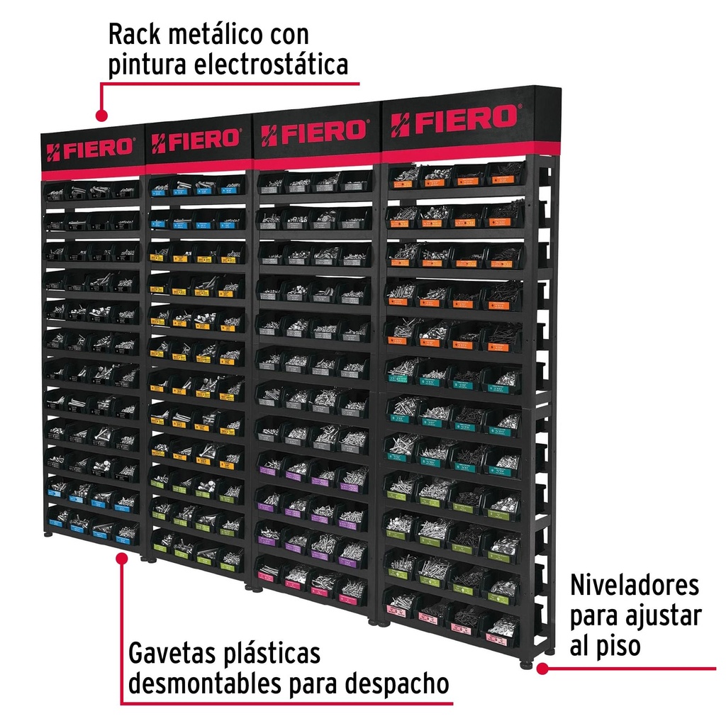 Rack modular con tornillos, 192 gavetas