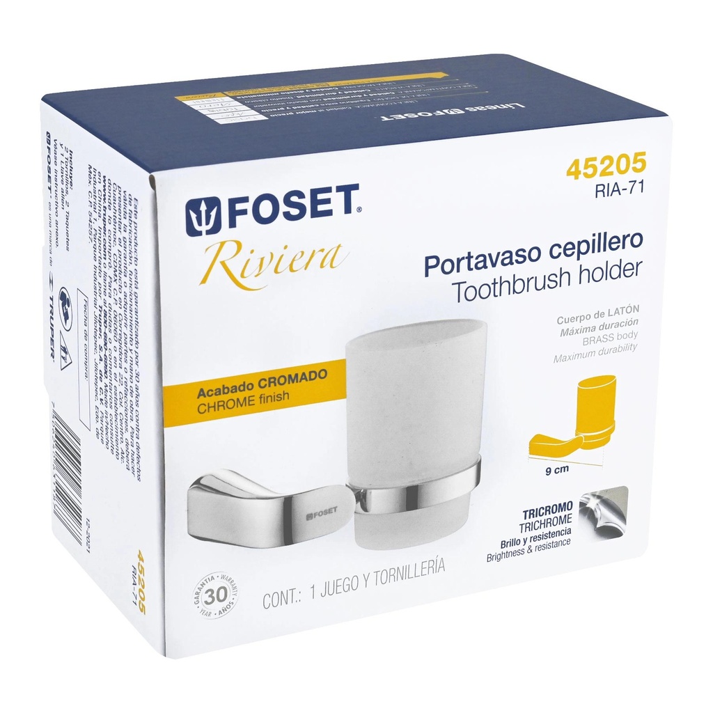 Portavaso cepillero cromo con vaso de vidrio, Foset Riviera