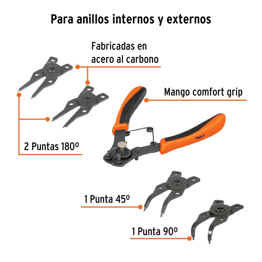 Pinza para anillos de retención 6' 4 cabezas intercambiables