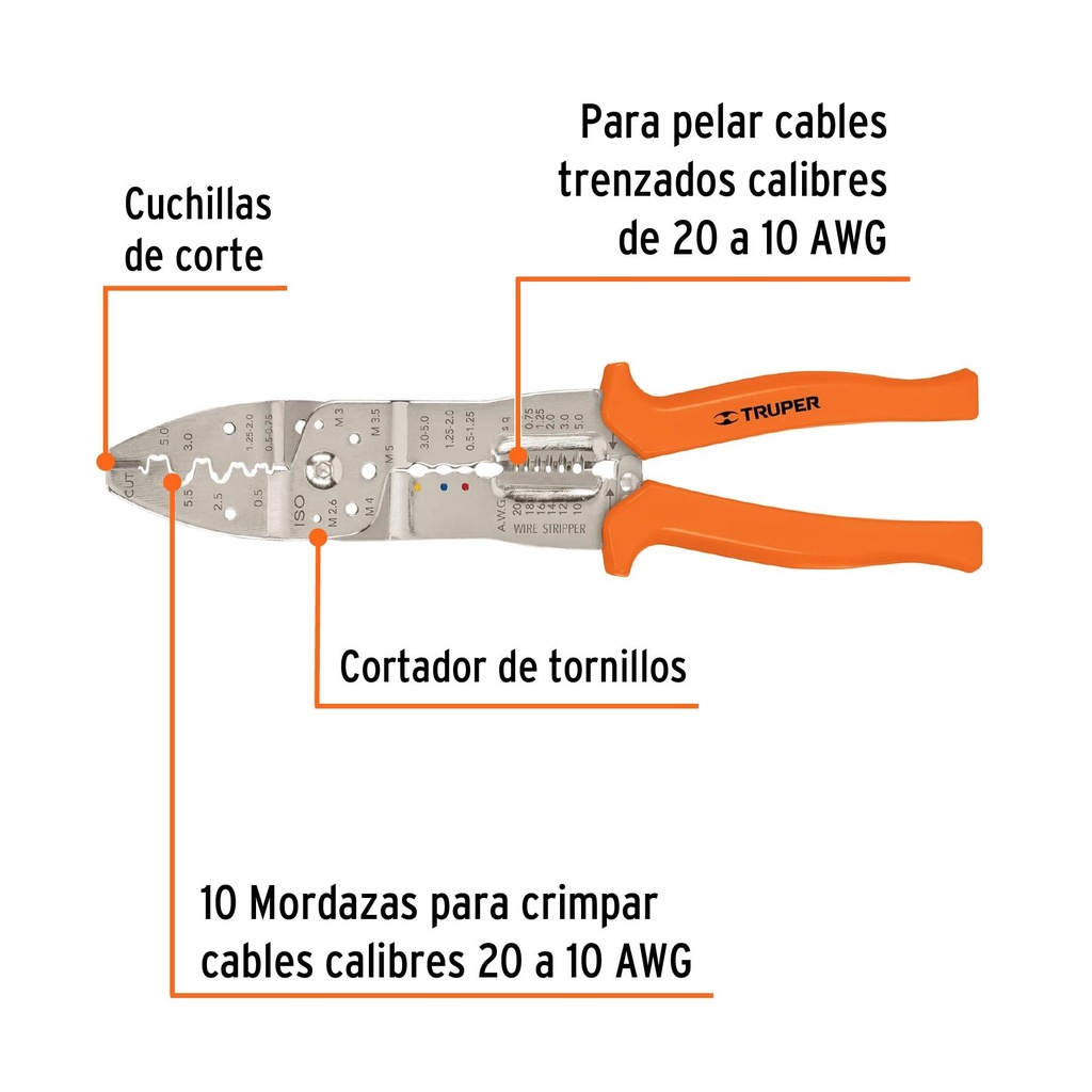 Pinza 10' pela cables 20 a 10 AWG, Truper