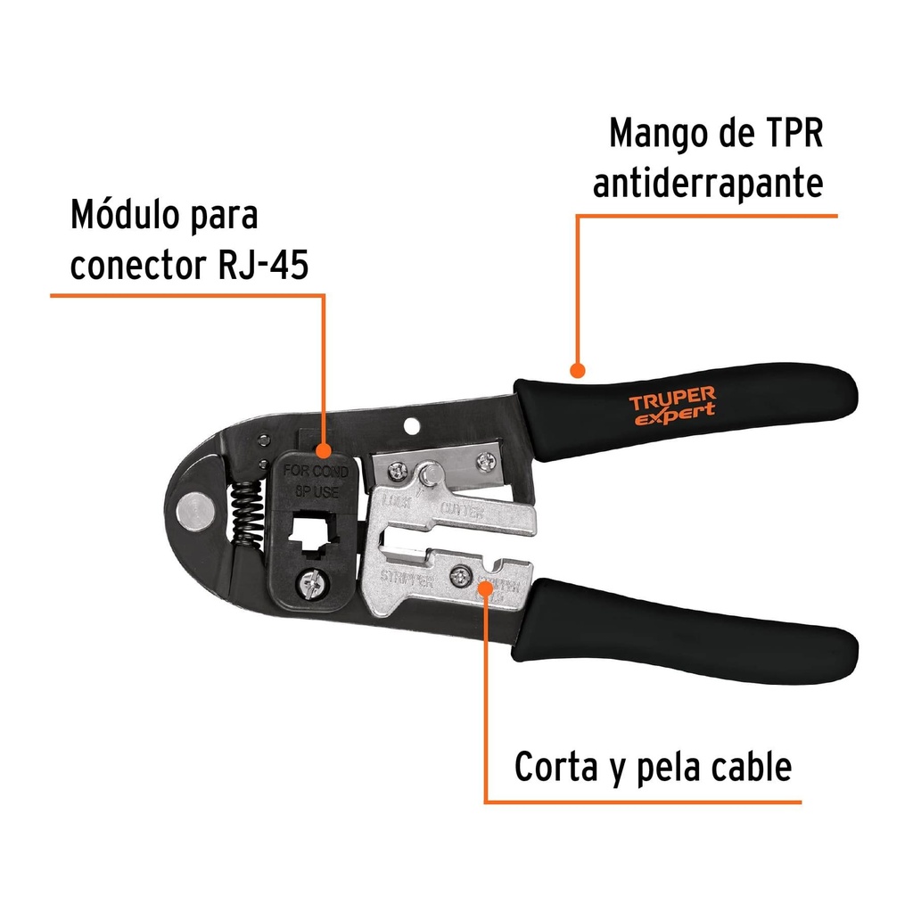 Pinza 8' ponchadora para cables RJ-45, 8 contactos, Truper