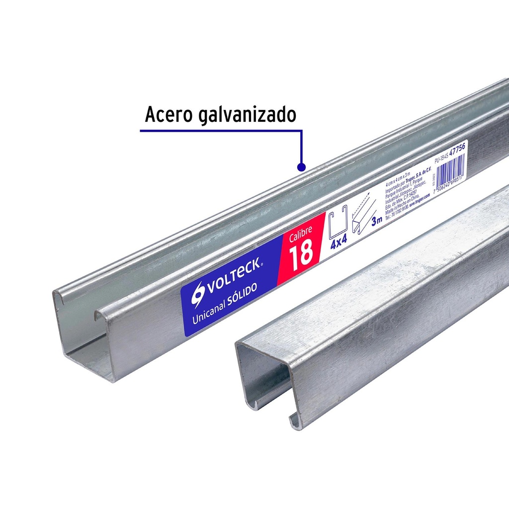 Perfil unicanal sólido de 3 m, 4 x 4 cm, calibre 18, Volteck