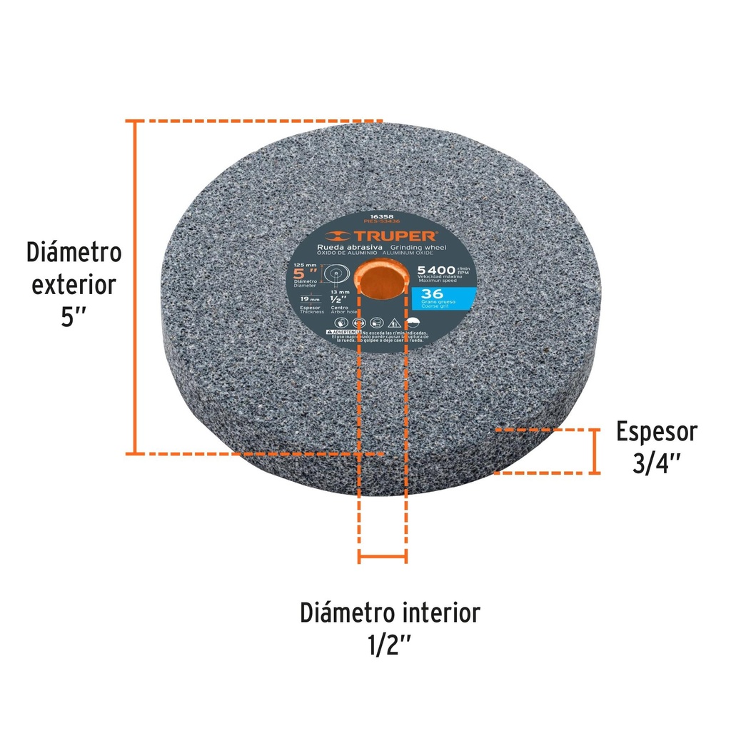 Piedra para esmeril 5 X 3/4' óxido de aluminio, grano 36