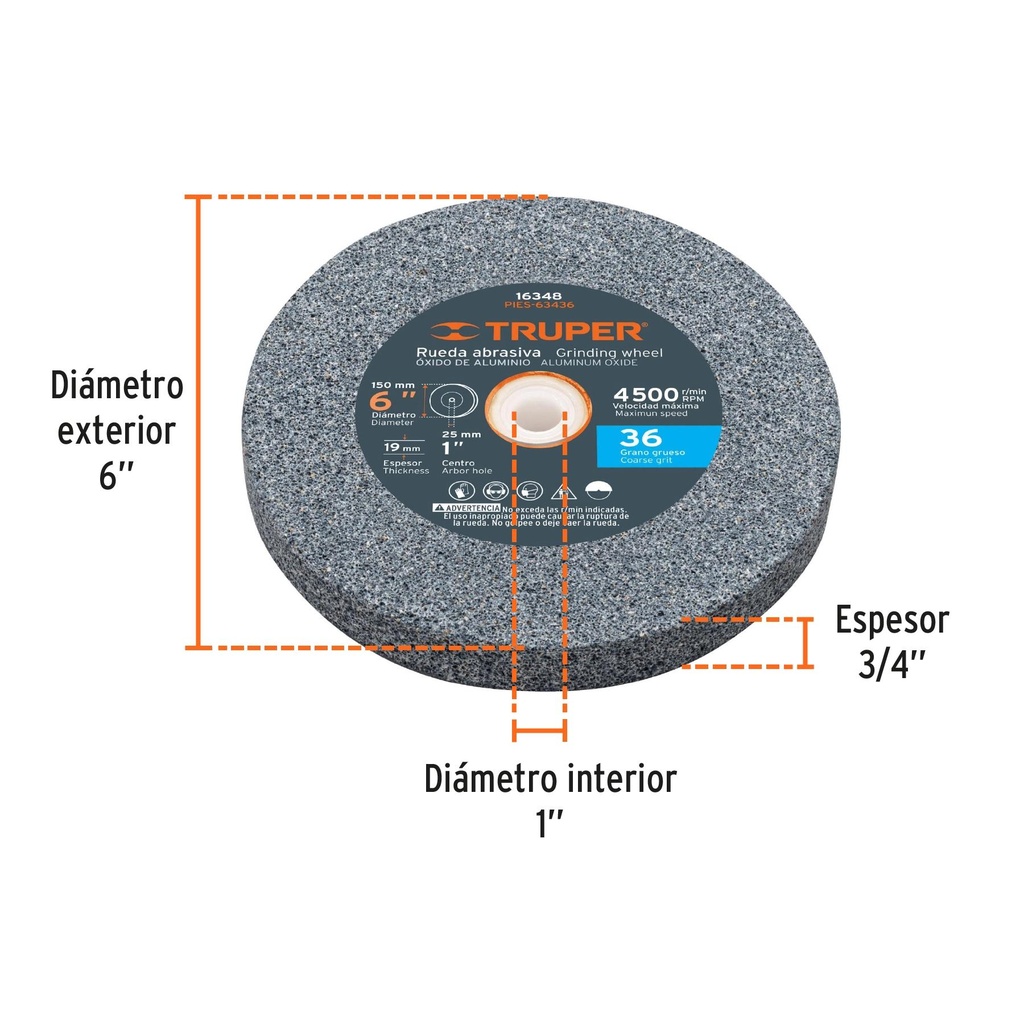 Piedra para esmeril 6 X 3/4' óxido de aluminio, grano 36