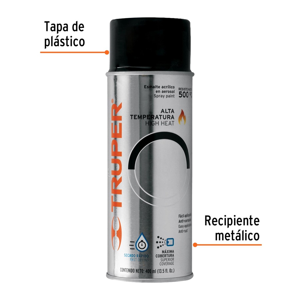 Pintura en aerosol alta temp, negro, bote tradicional, 400ml