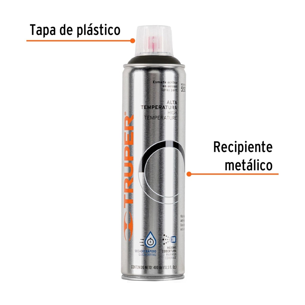 Pintura en aerosol alta temp. bote esbelto, negro, 400 ml