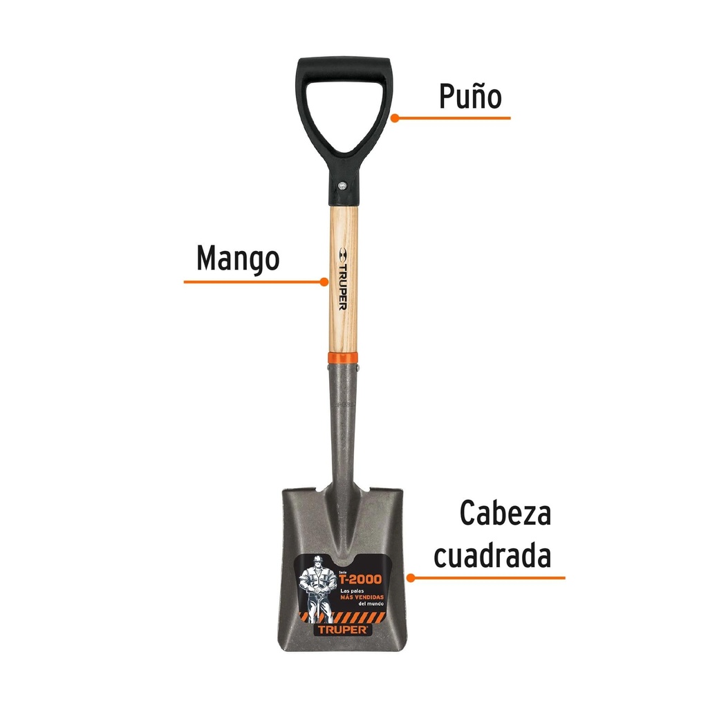 Pala cajuelera cuadrada, puño 'D' mango de madera, Truper