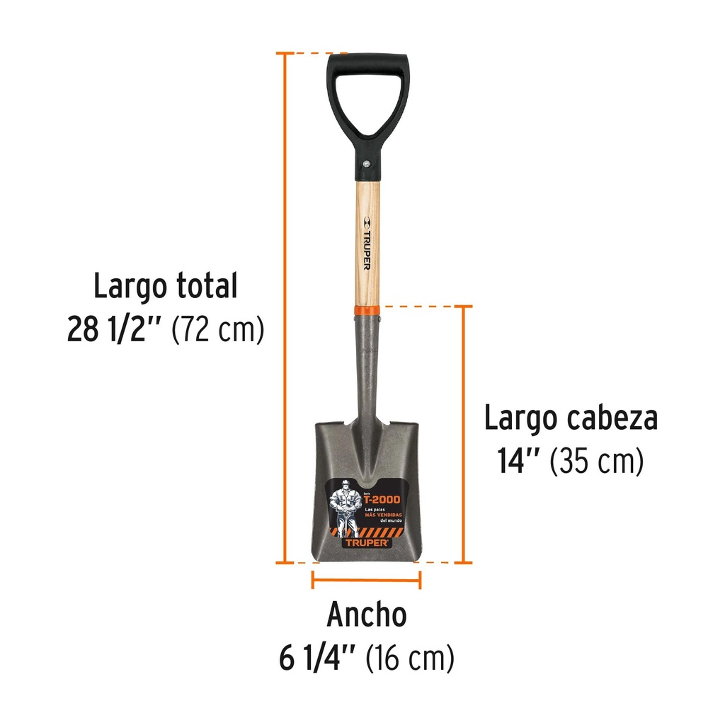 Pala cajuelera cuadrada, puño 'D' mango de madera, Truper