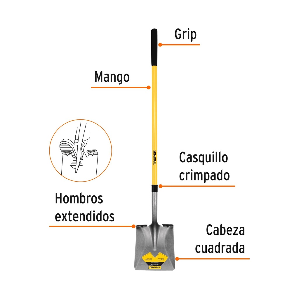 Pala cuadrada Tru Glass, mango largo de fibra de vidrio