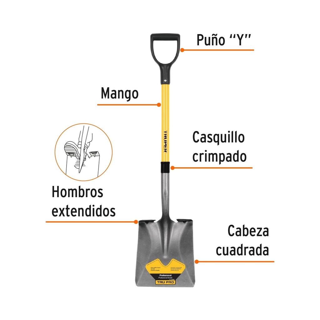 Pala cuadrada Tru Glass, puño 'Y', mango fibra de vidrio