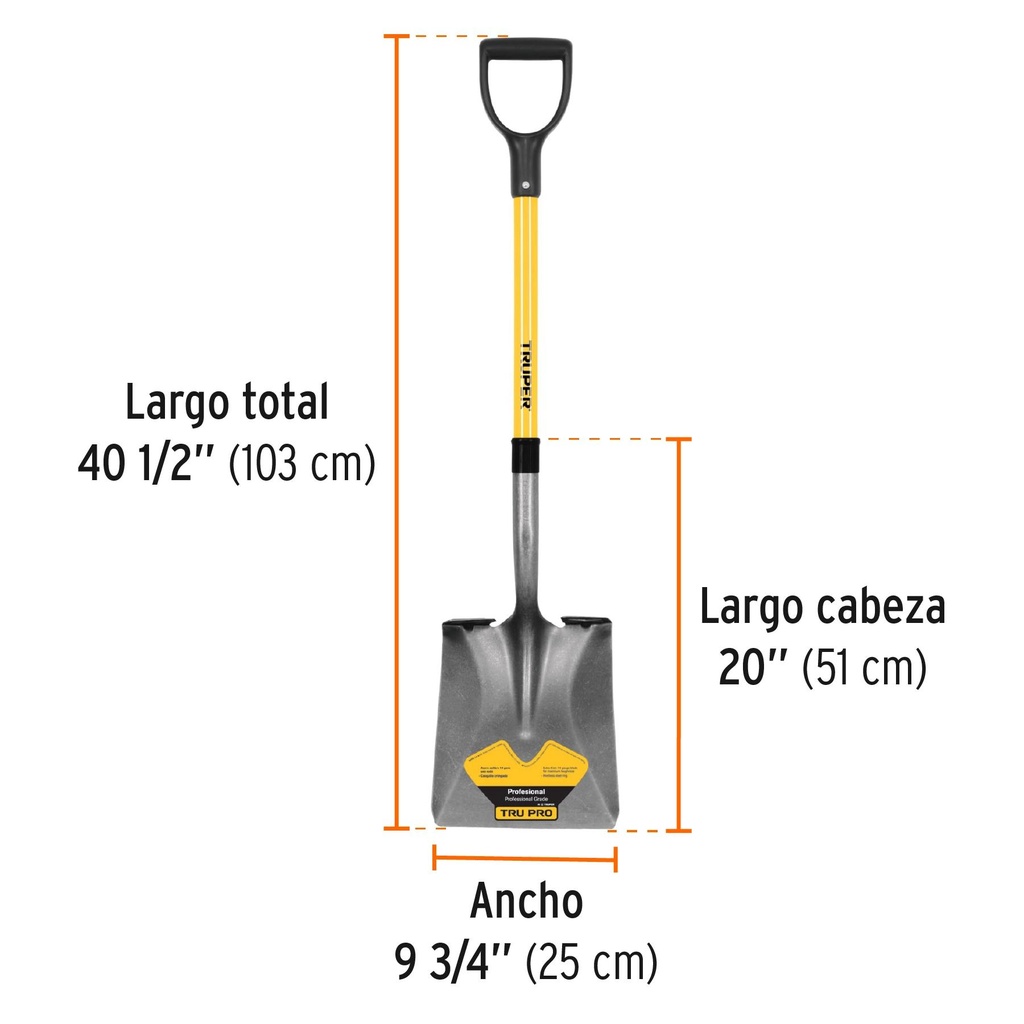 Pala cuadrada Tru Glass, puño 'Y', mango fibra de vidrio