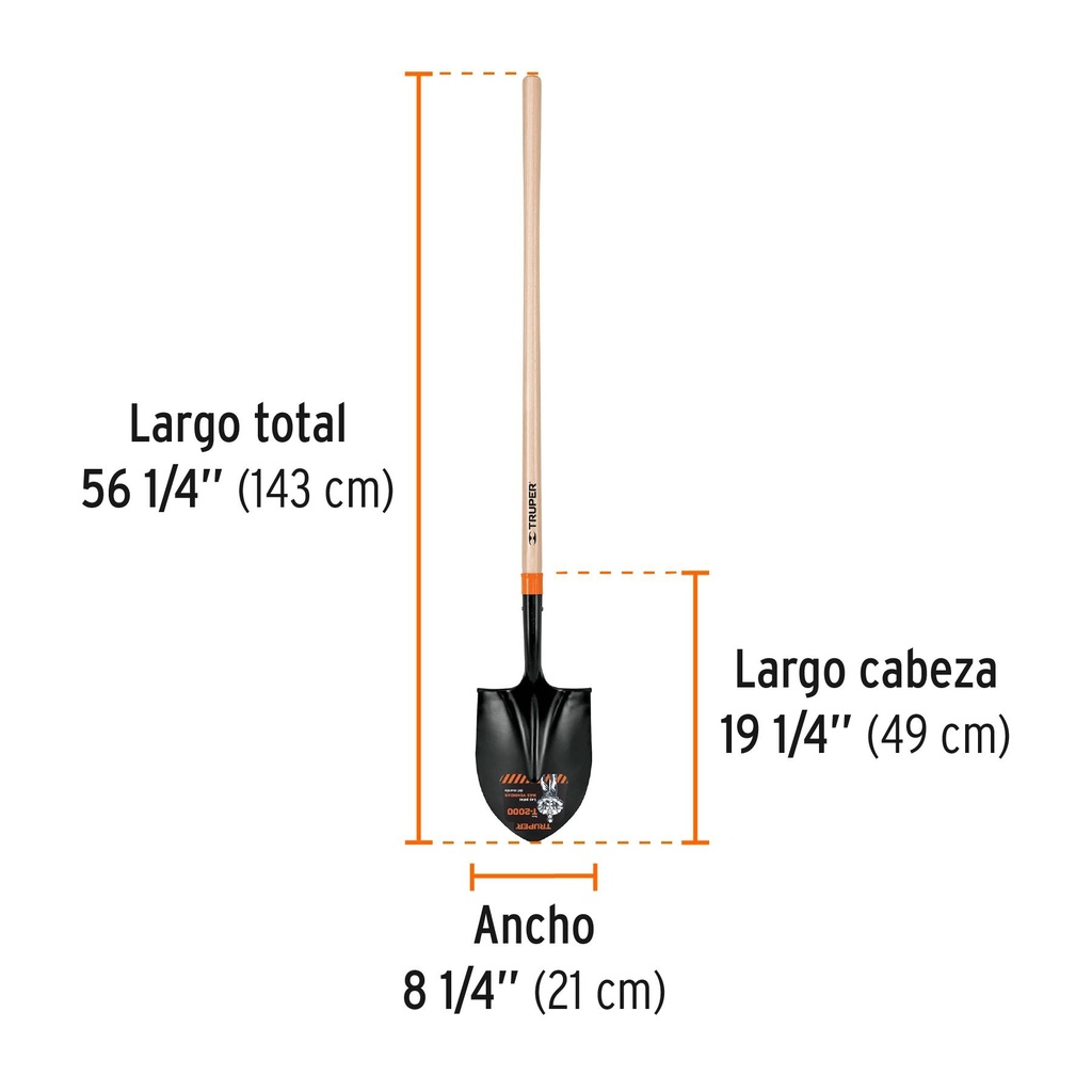 Pala redonda T-2000, mango largo 45', Truper