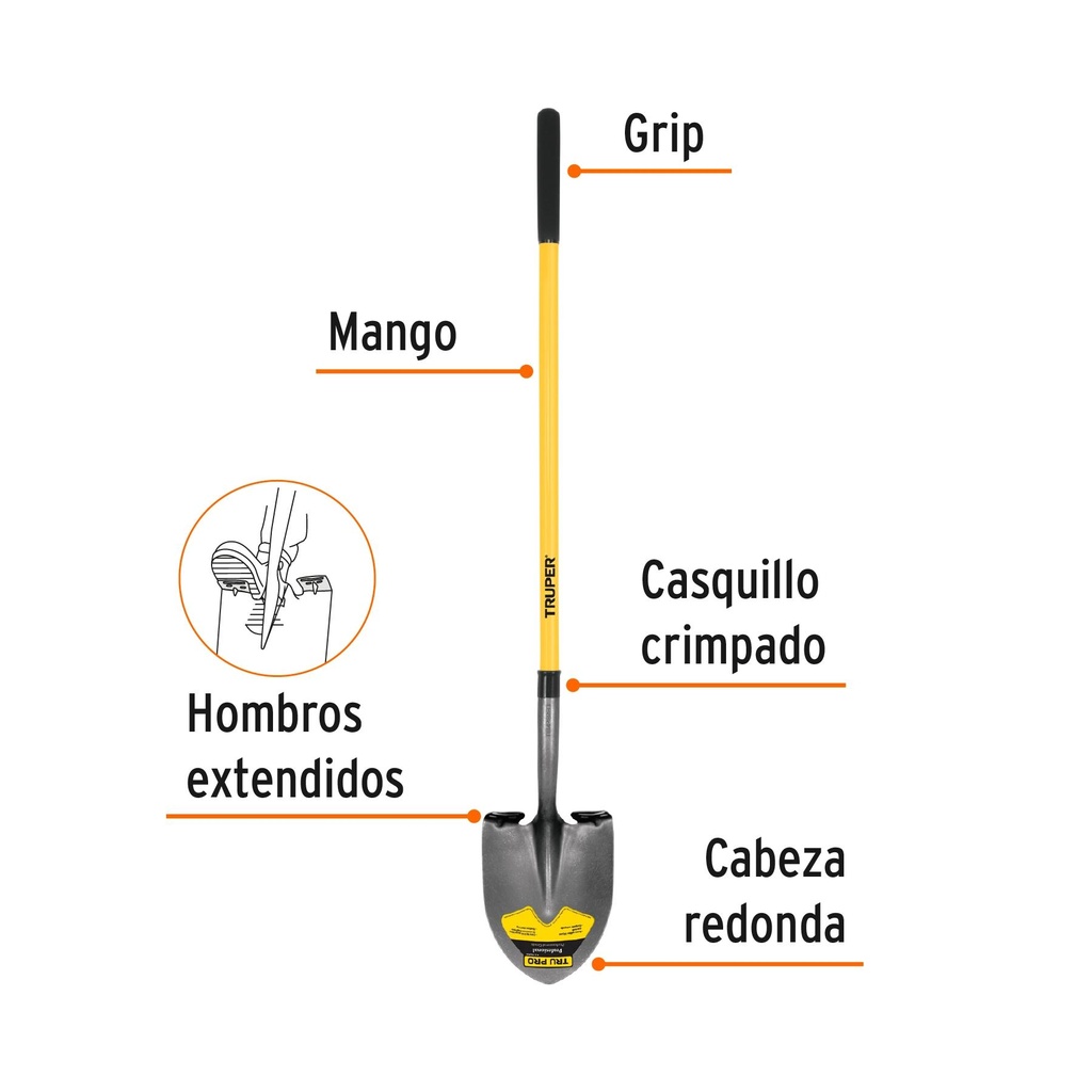 Pala redonda Tru Glass, mango largo de fibra de vidrio