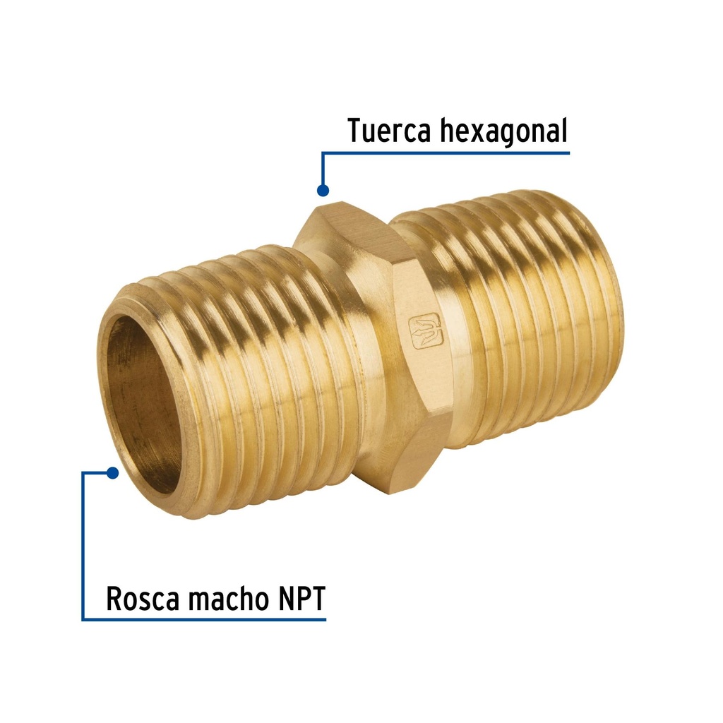 Niple unión NPT de latón, 1/2' con tuerca hexagonal, Foset