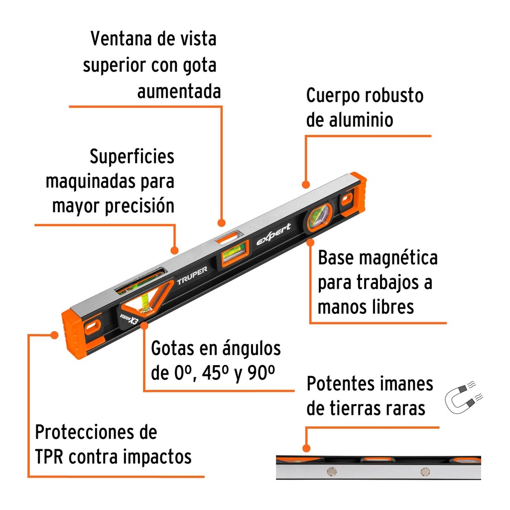 Nivel de 18' magnético con protección de TPR, Truper Expert