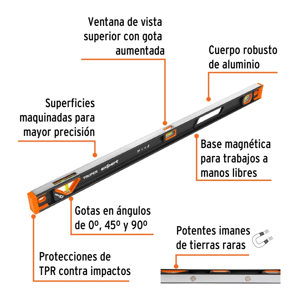 Nivel de 36' magnético con protección de TPR, Truper Expert