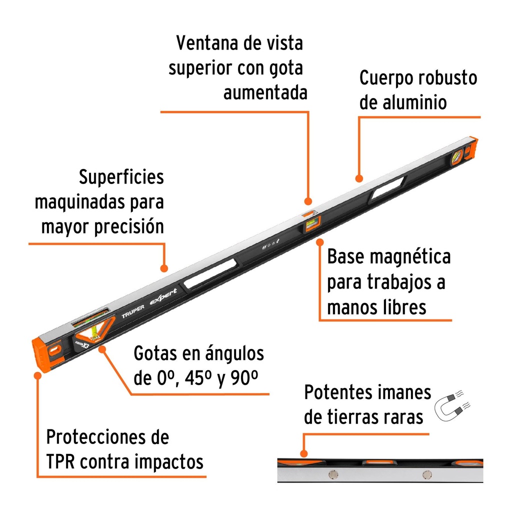 Nivel de 48' magnético con protección de TPR, Truper Expert