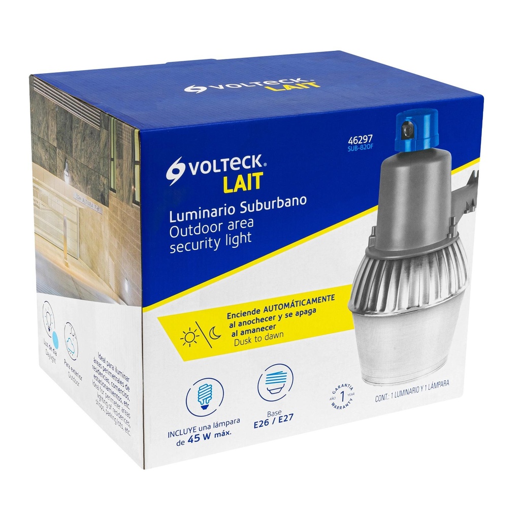 Luminario suburbano metálico 45 W sensor de luz, con lámpara