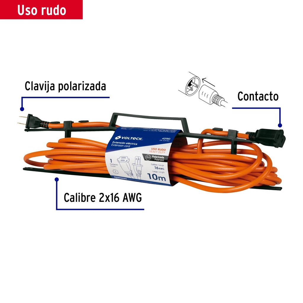 Extensión eléctrica uso rudo 10 m 2x16 AWG para 1 clavija