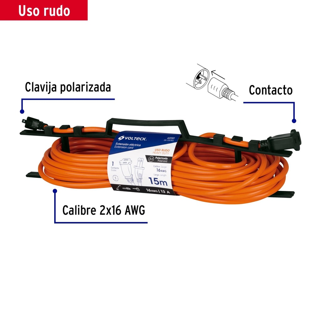 Extensión eléctrica uso rudo 15 m 2x16 AWG para 1 clavija