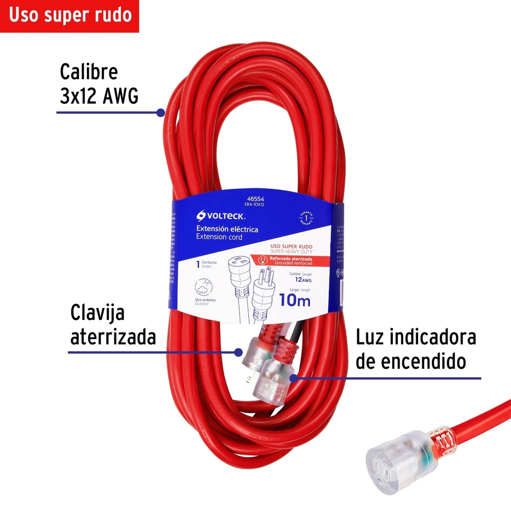 Extensión reforzada aterrizada 10 m 3x12 AWG, Volteck