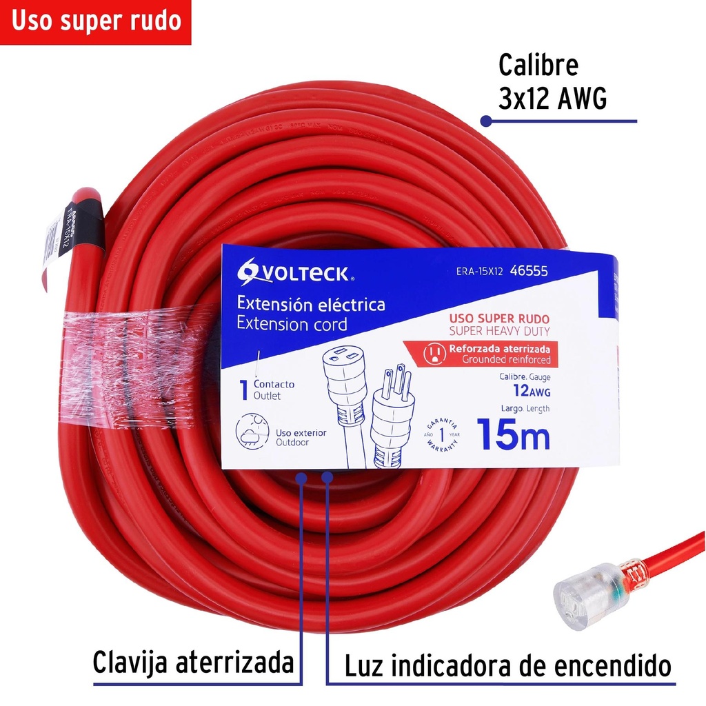 Extensión reforzada aterrizada 15 m 3x12 AWG, Volteck