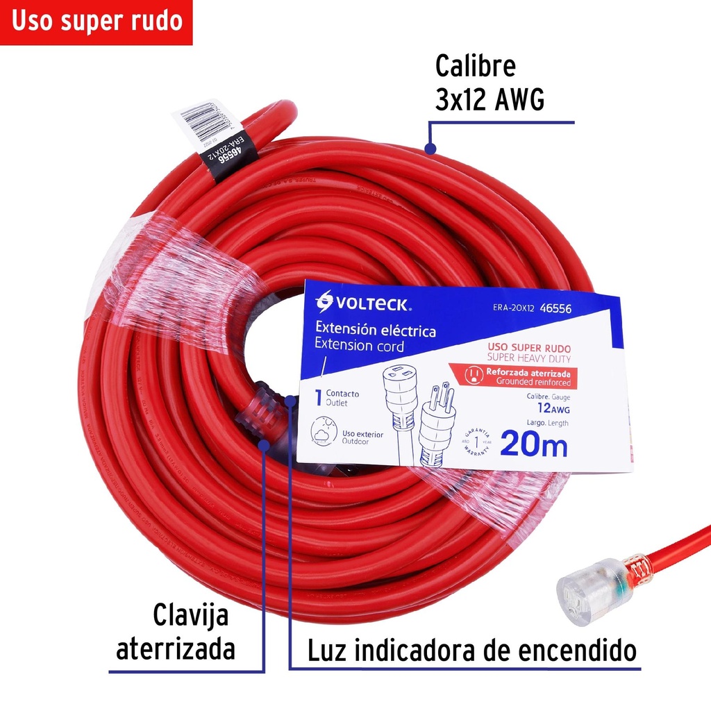 Extensión reforzada aterrizada 20 m 3x12 AWG, Volteck