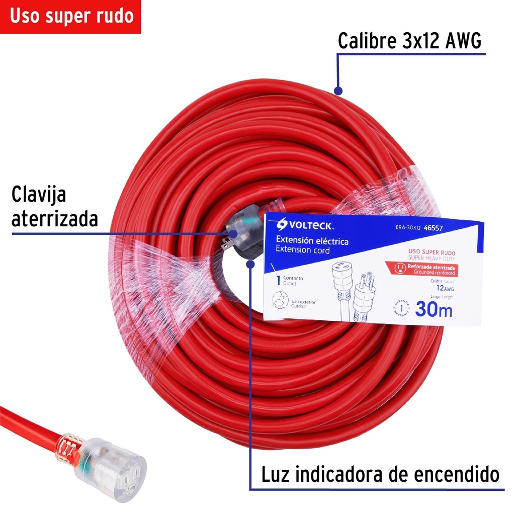 Extensión reforzada aterrizada 30 m 3x12 AWG, Volteck