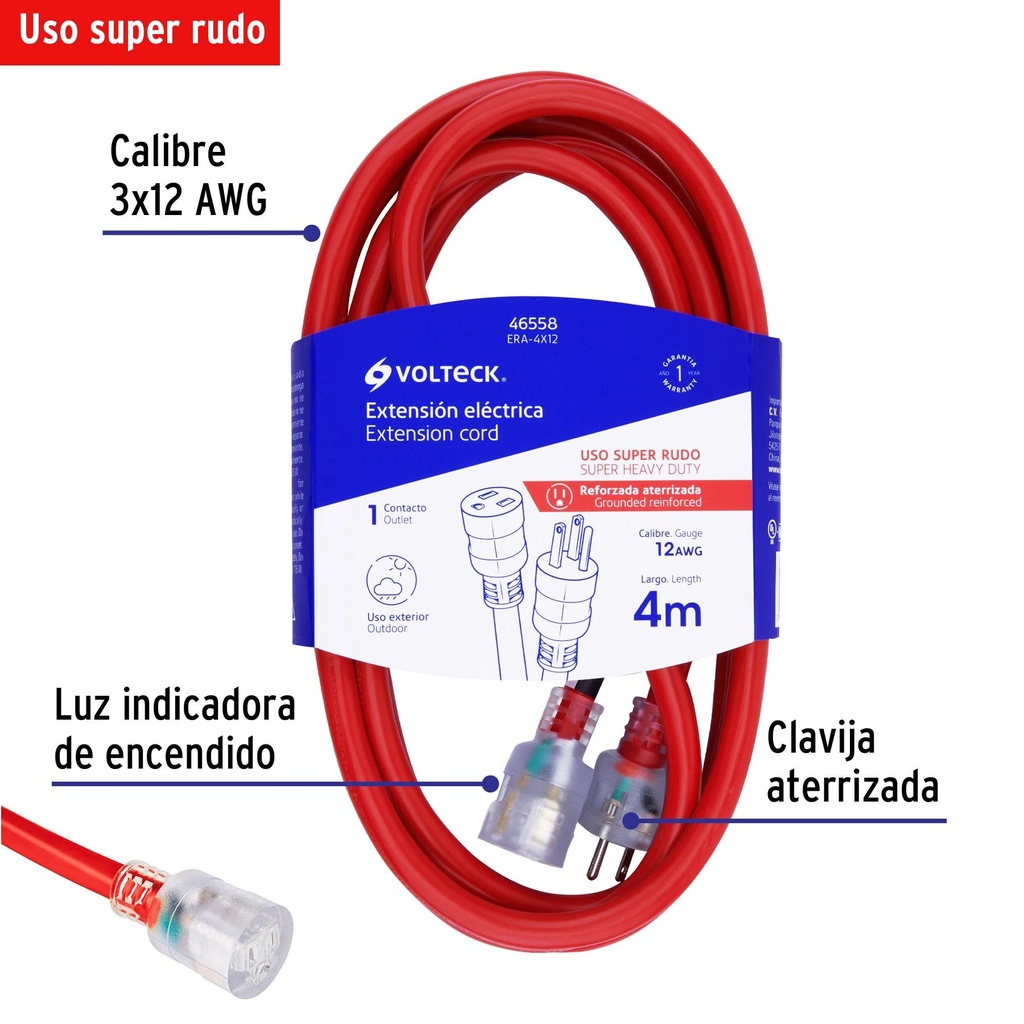 Extensión reforzada aterrizada 4 m calibre 12, Volteck