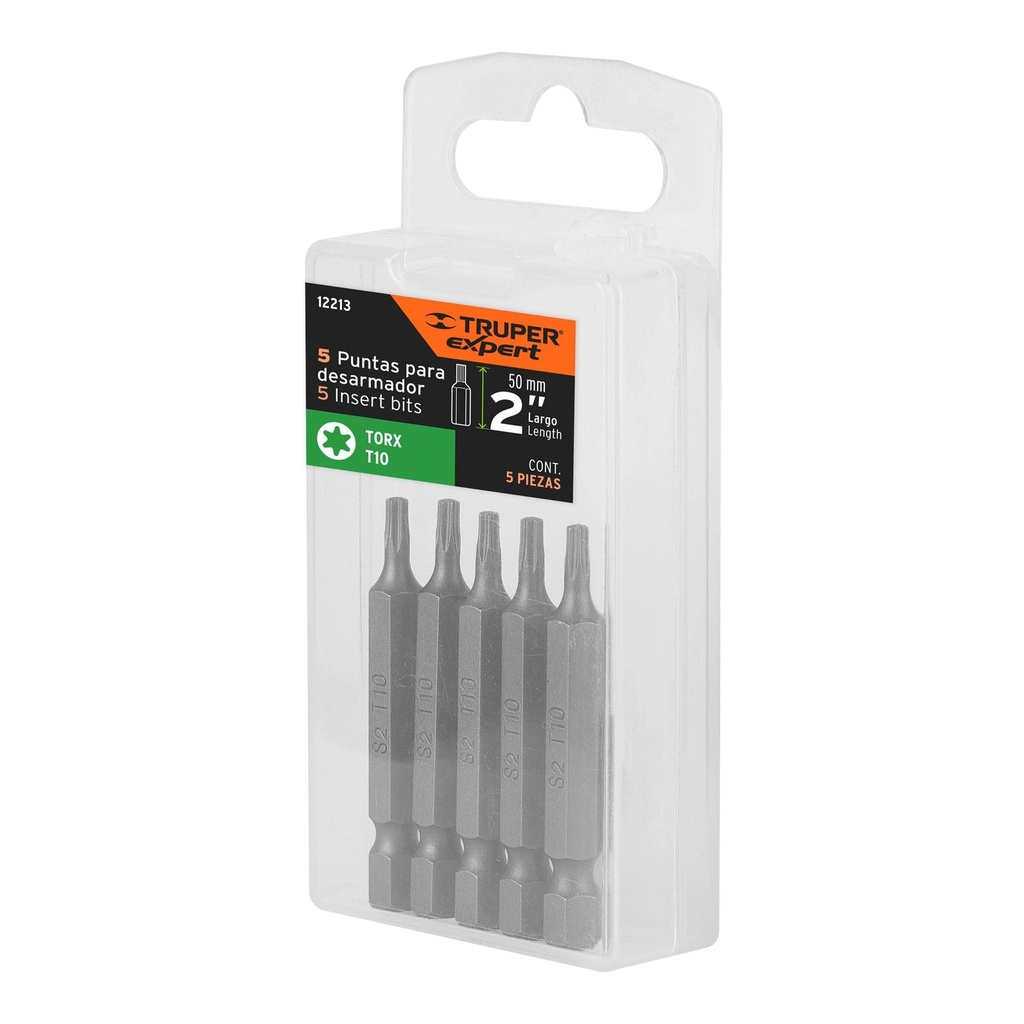 Estuche con 5 puntas torx T10 largo 2', Truper Expert