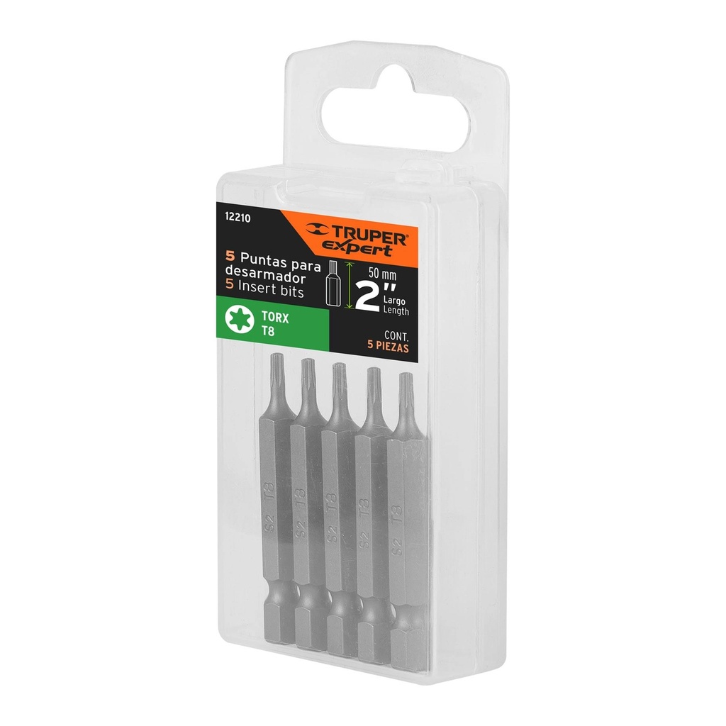 Estuche con 5 puntas torx T8 largo 2', Truper Expert