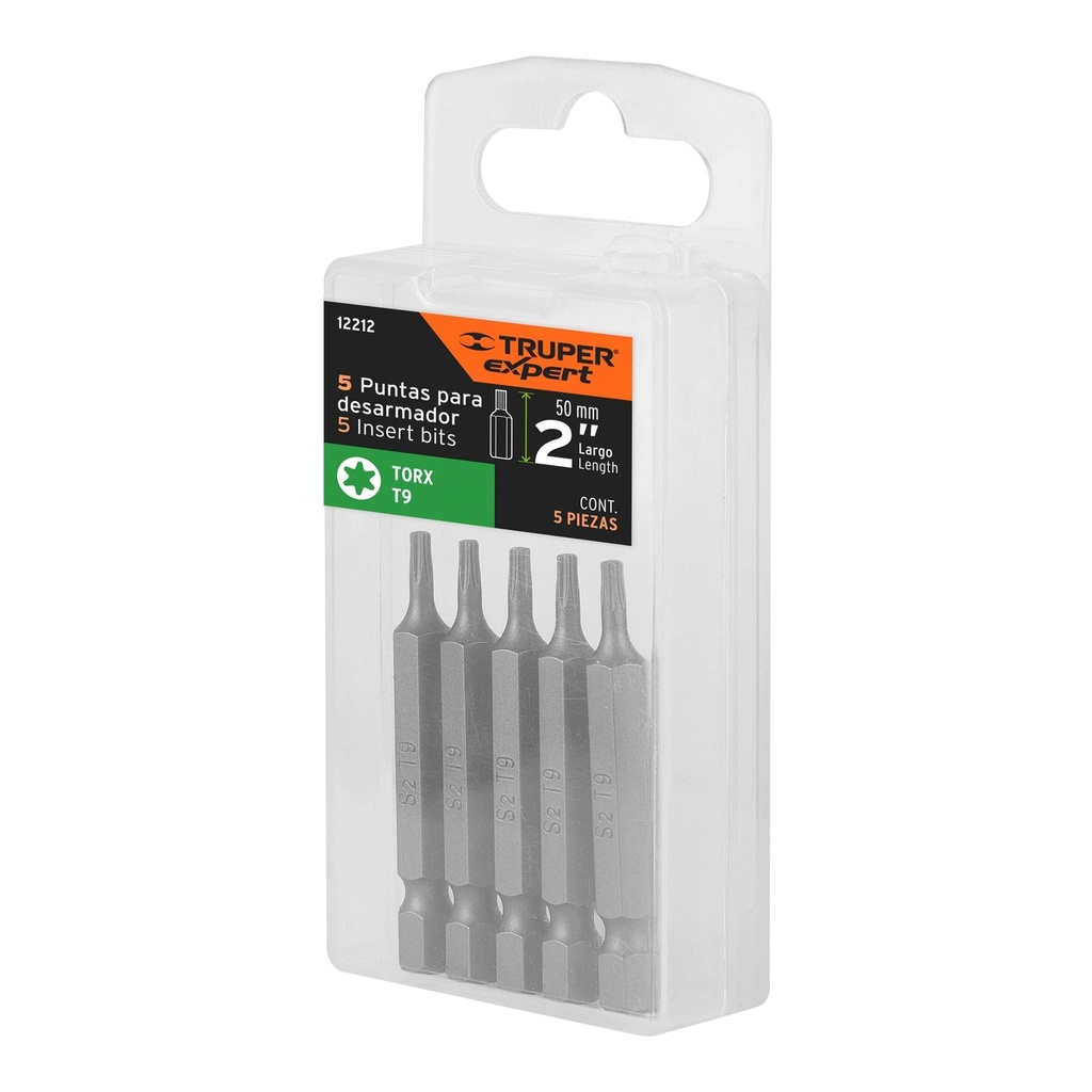 Estuche con 5 puntas torx T9 largo 2', Truper Expert