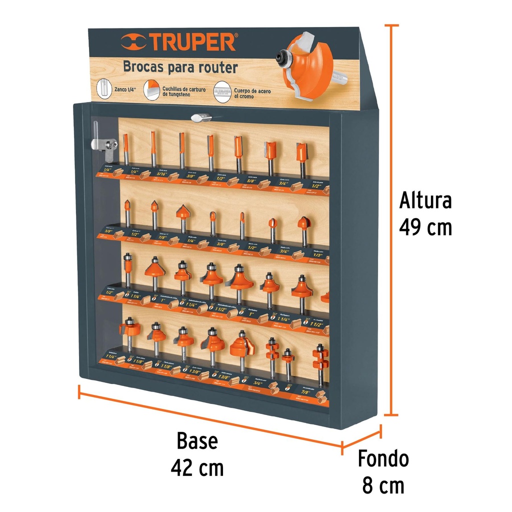 Exhibidor con 30 brocas para router, Truper