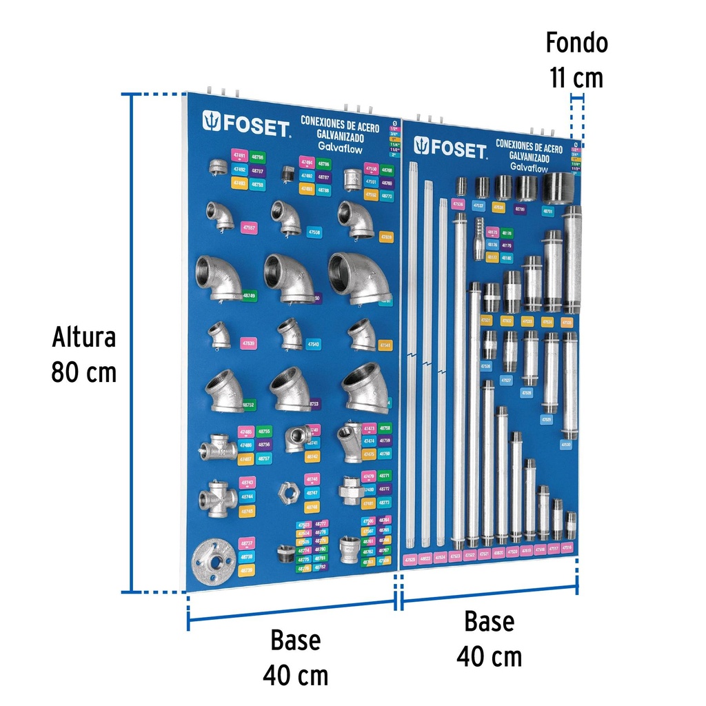 Exhibidor con conexiones de acero galvanizado, Foset