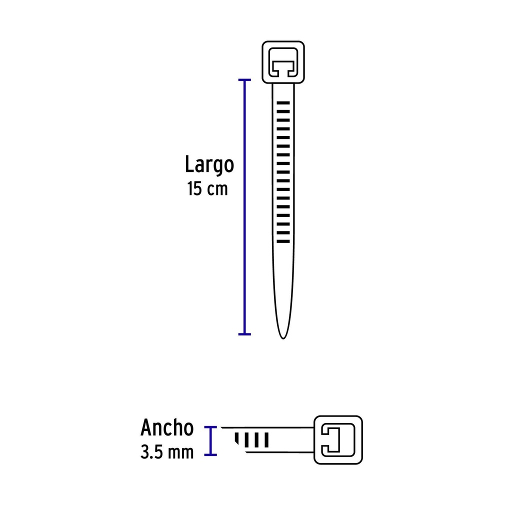 Bolsa con 50 cinchos plásticos 40 lb, 150 x 3.5 mm, azules