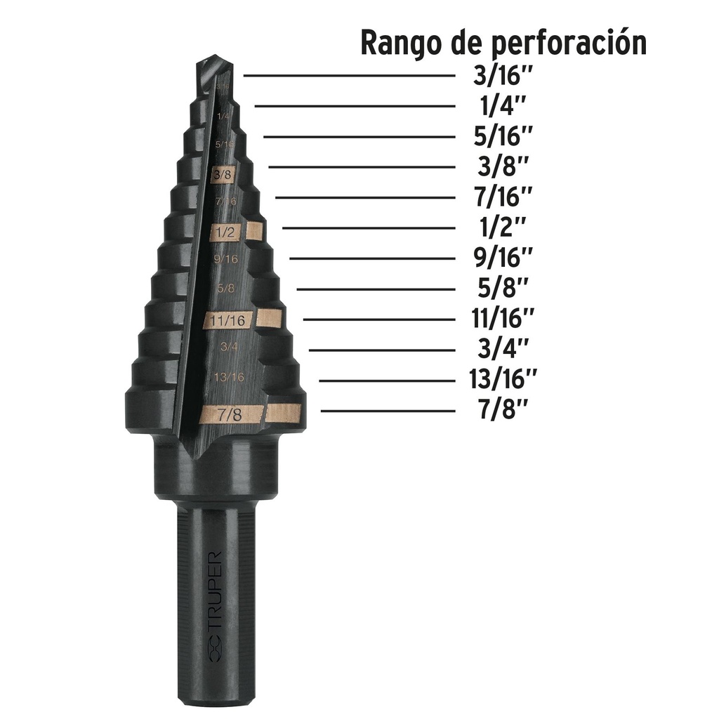 Broca escalonada óxido negro 12 escalones 3/16' a 7/8?